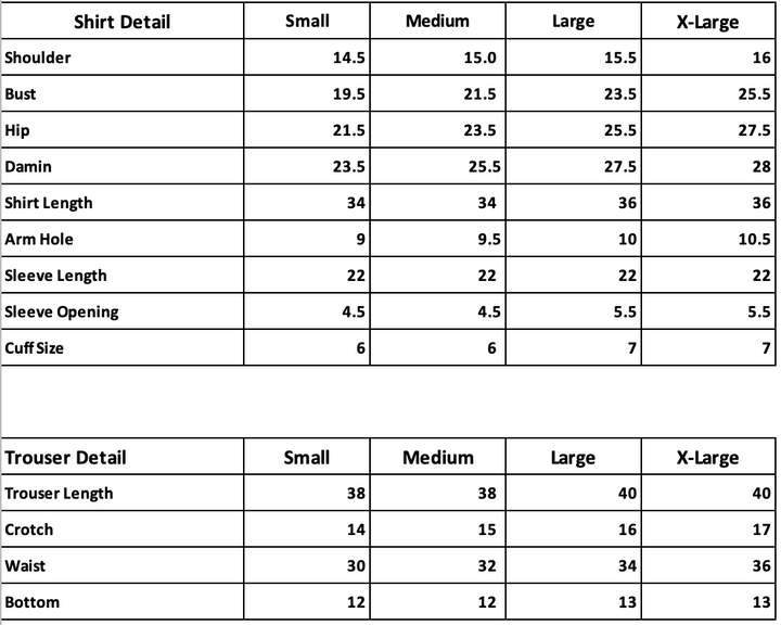Size chart of Tessa Botanic Green essential outfit