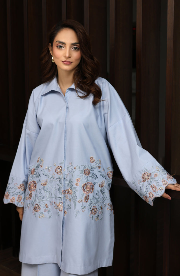 Close-up of Cloud Bloom fabric and soft stitching
