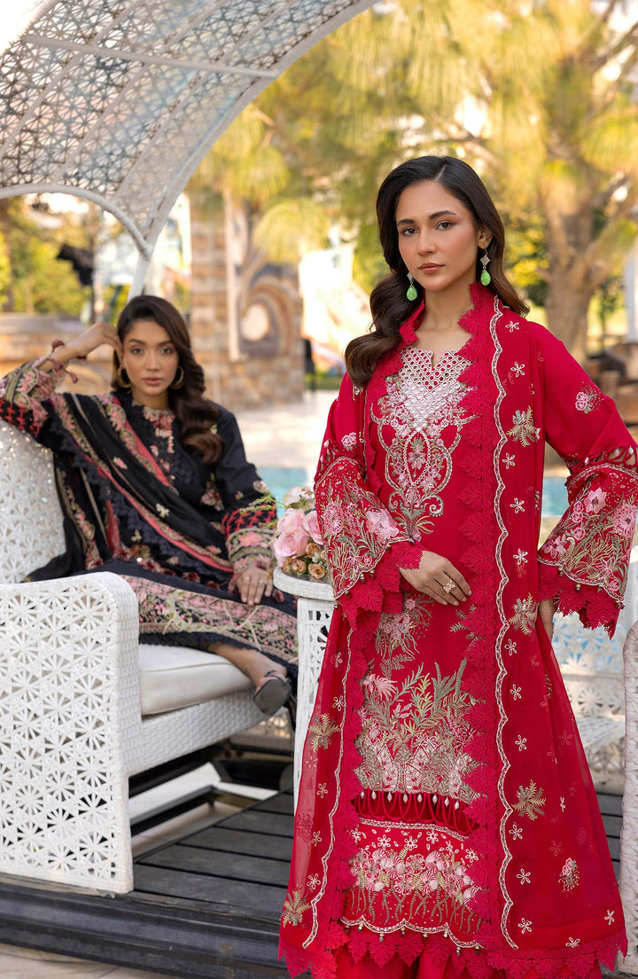 Side pose of model in Crimson Euphoria ensemble