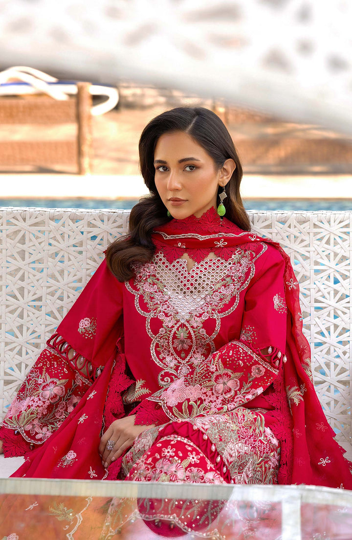Close-up of Crimson Euphoria bold embroidery and fabric