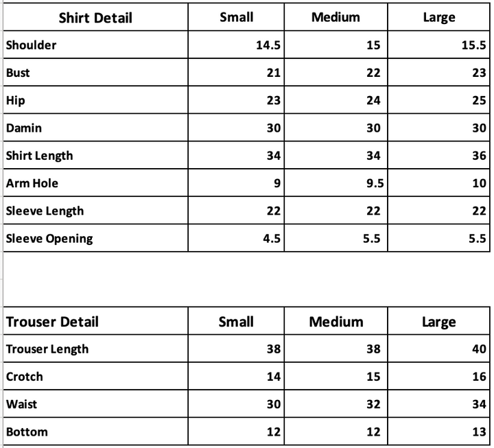Size guide of TESSA Deep Sea outfit from Essential '25