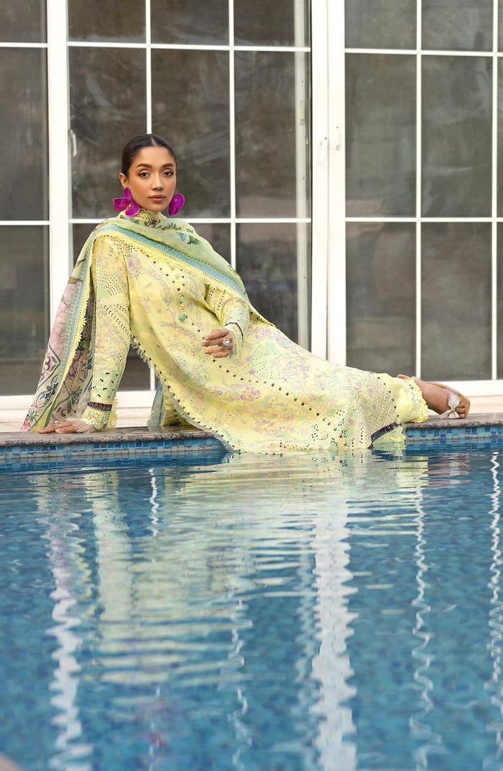Side pose of model in Moonlit Pearl lawn suit