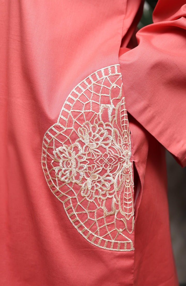 Sleeve detail on Pink Pop with minimal embroidery