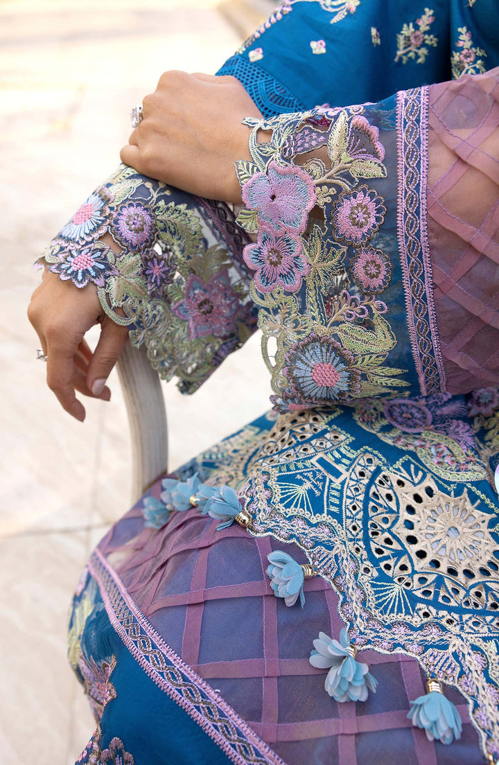 Sleeve embroidery and stitch detail on Sapphire Dusk