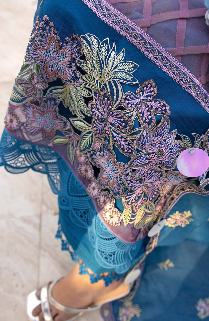 Neckline embellishment on Sapphire Dusk outfit