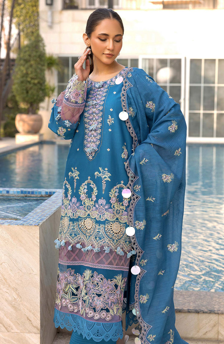 Side pose of model in Sapphire Dusk ensemble