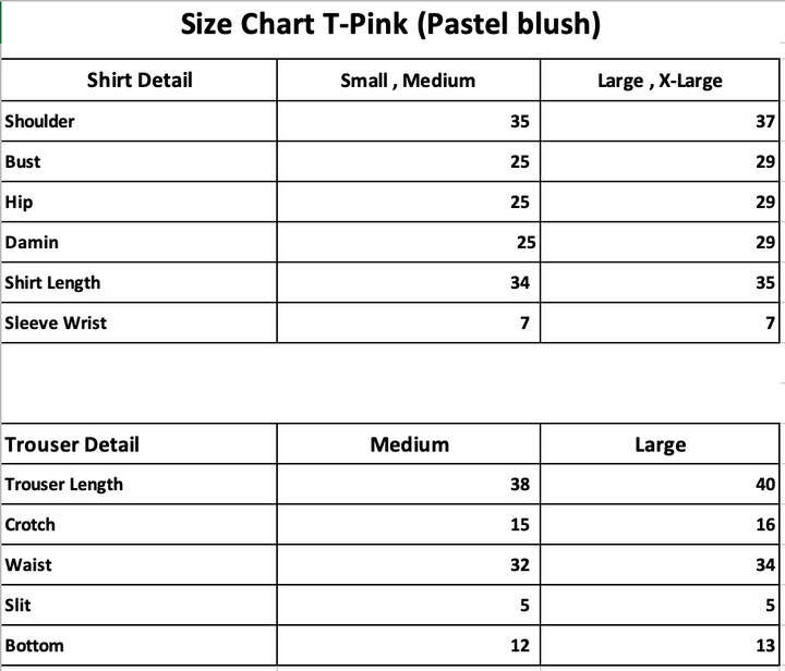 Size chart for TESSA Pastel Blush Essentials 2 piece embroidered lawn suit
