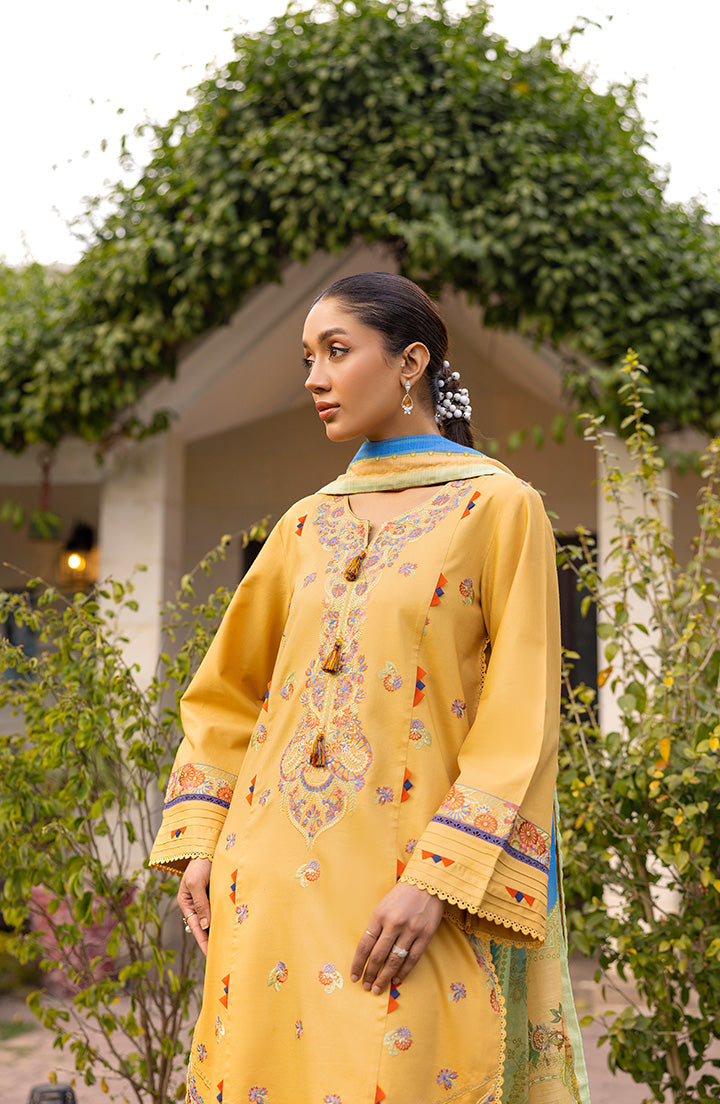Close-up of Sunehri Aura gold-toned fabric and embroidery