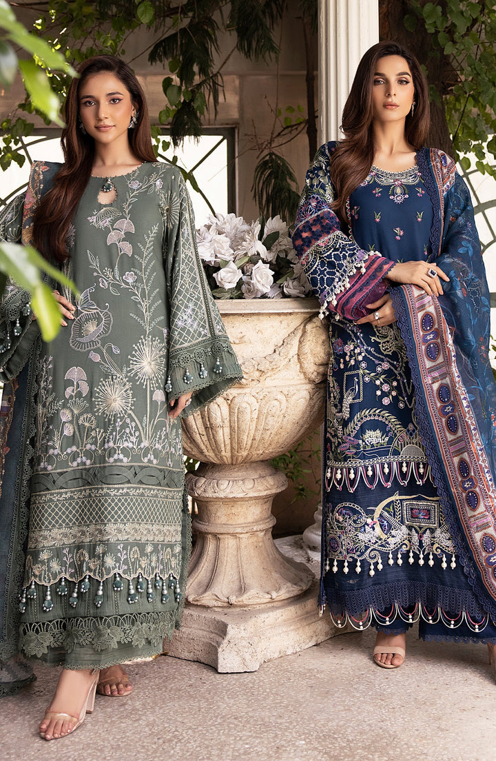 models wear Zinc Mist wool-blend fabric and embroidery